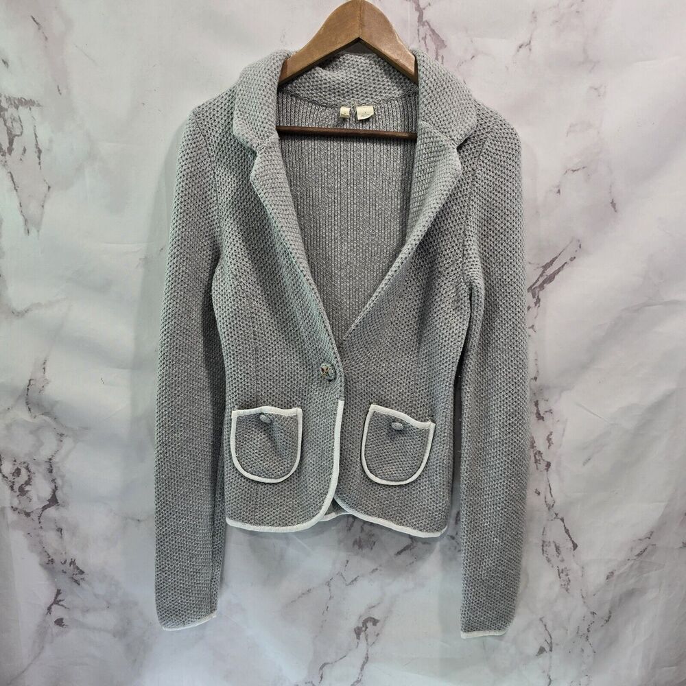 Anthropologie Sweater Blazer Womens Small Gray Wool Cardigan Jacket Embroidered